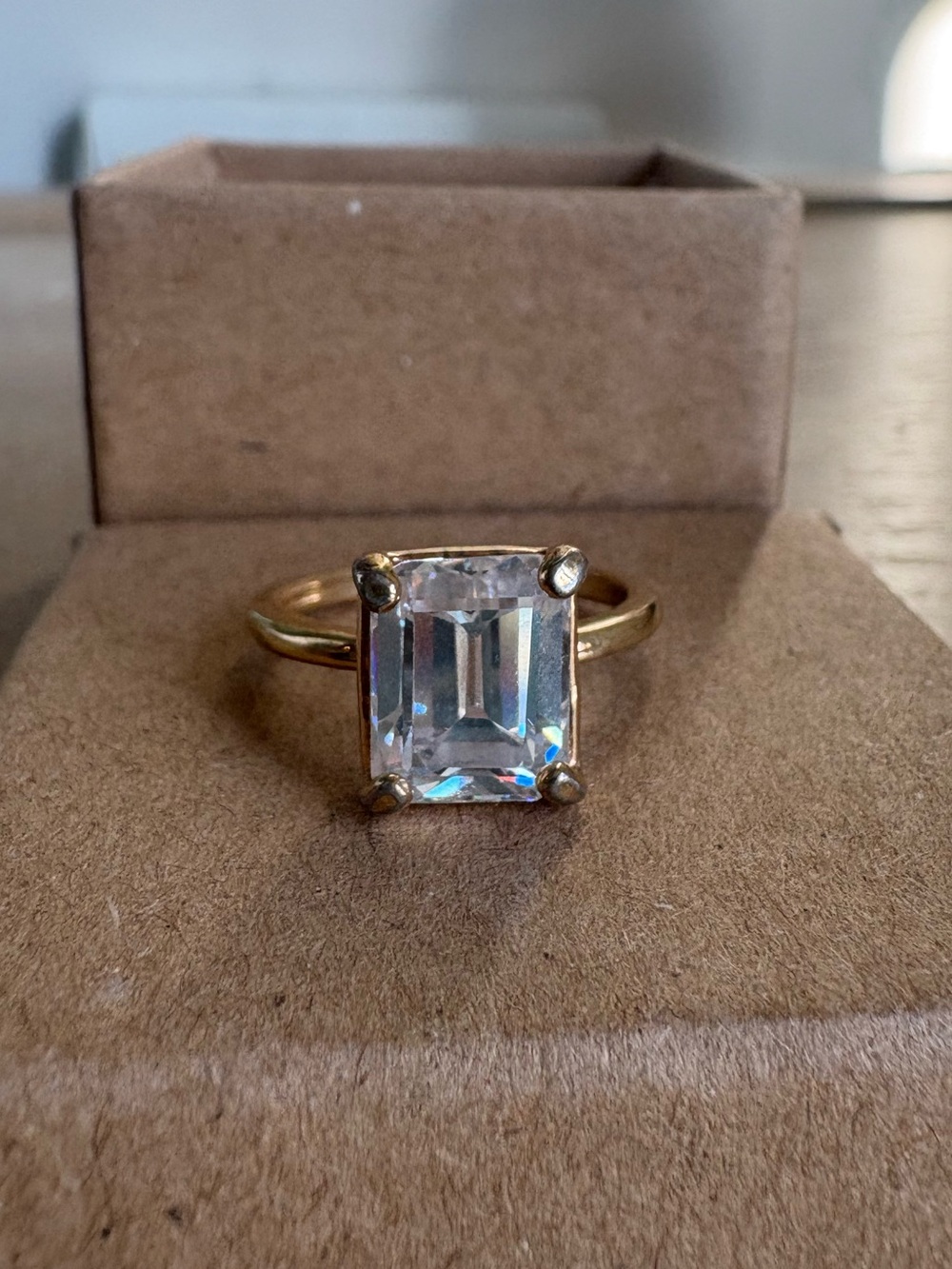 Gold-tone Emerald-Cut Clear Stone Ring